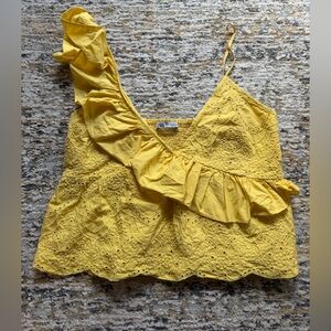 Zara Yellow Embroidered Ruffle crop Top